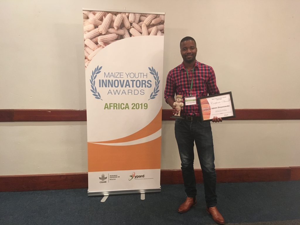 Admire Shayanowako poses with his award at the close of the 2019 MAIZE Youth Innovators Awards ceremony. Photo: Jennifer Johnson.